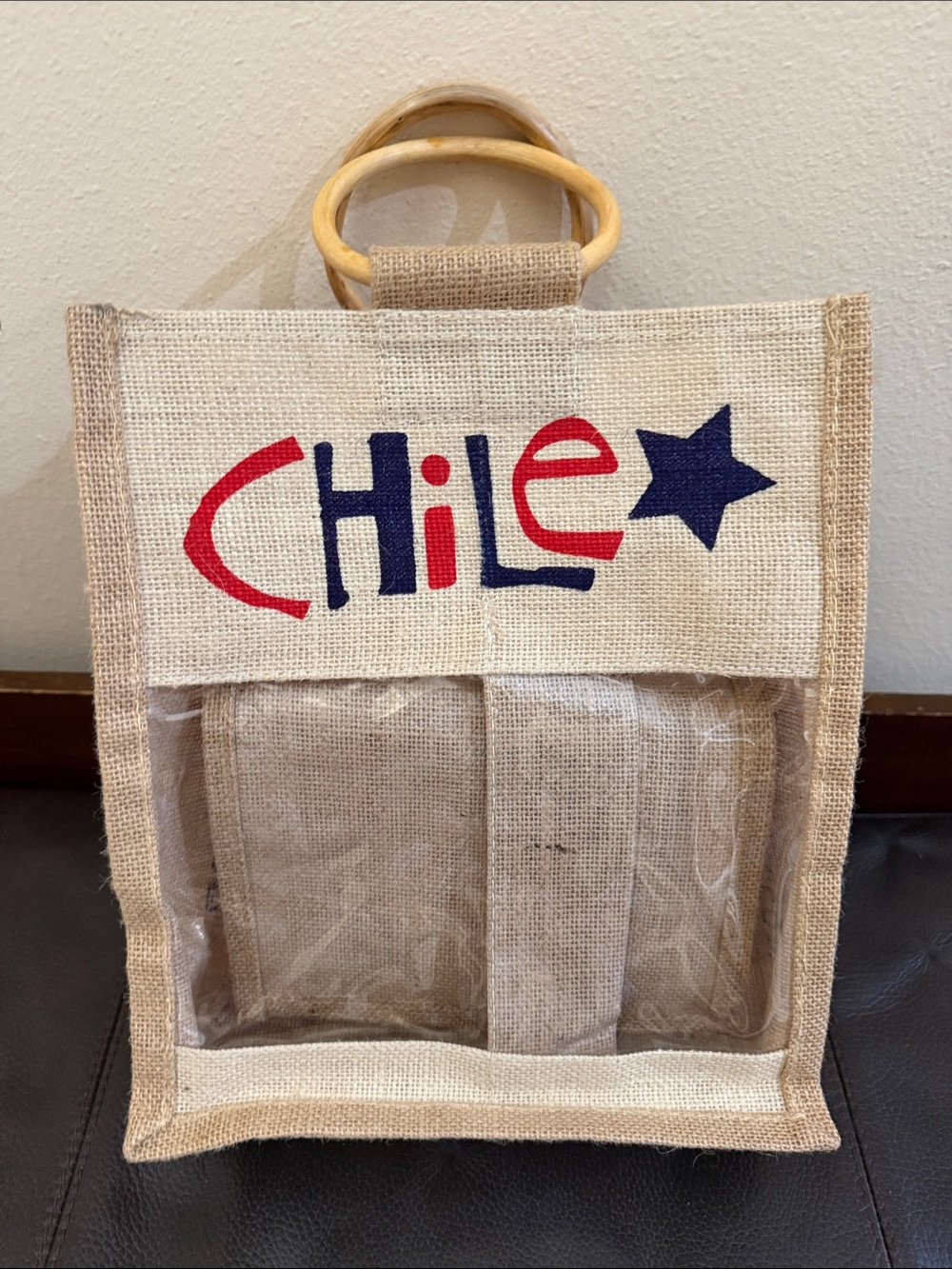 Rustic Jute Burlap CHILE Tote Bag with Wooden Handles and a Clear Front Pocket